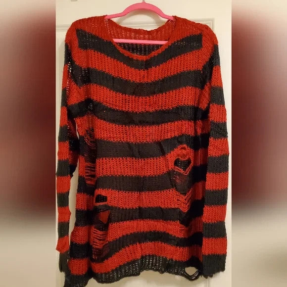 SATINIOR Red & Black Striped Gothic Sweaters Women Ripped Loose Long Knitted