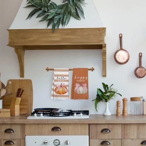 Fall Pumpkin Decor Kitchen Towels and Dishcloths Set of 2, Pink Happy Pumpkin