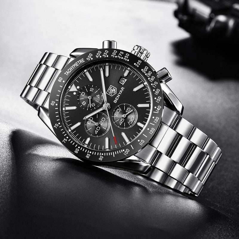 BENYAR Men's Chronograph Watch BY5140 Silver Stainless Steel, Black Dial, Quartz