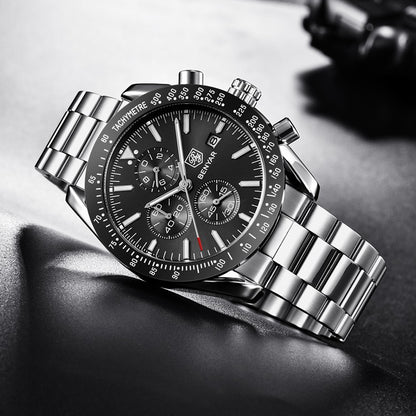 BENYAR Men's Chronograph Watch BY5140 Silver Stainless Steel, Black Dial, Quartz