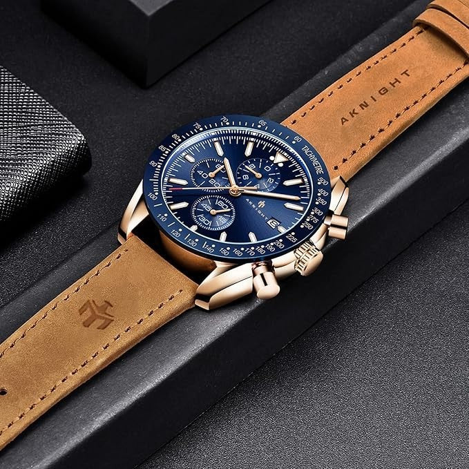 AKNIGHT Leather Watch for Men  Analog Chronograph Waterproof Copper & Blue