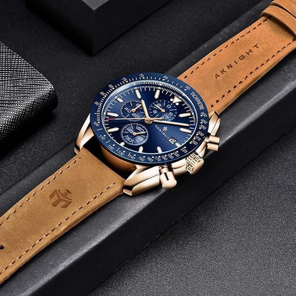 AKNIGHT Leather Watch for Men  Analog Chronograph Waterproof Copper & Blue