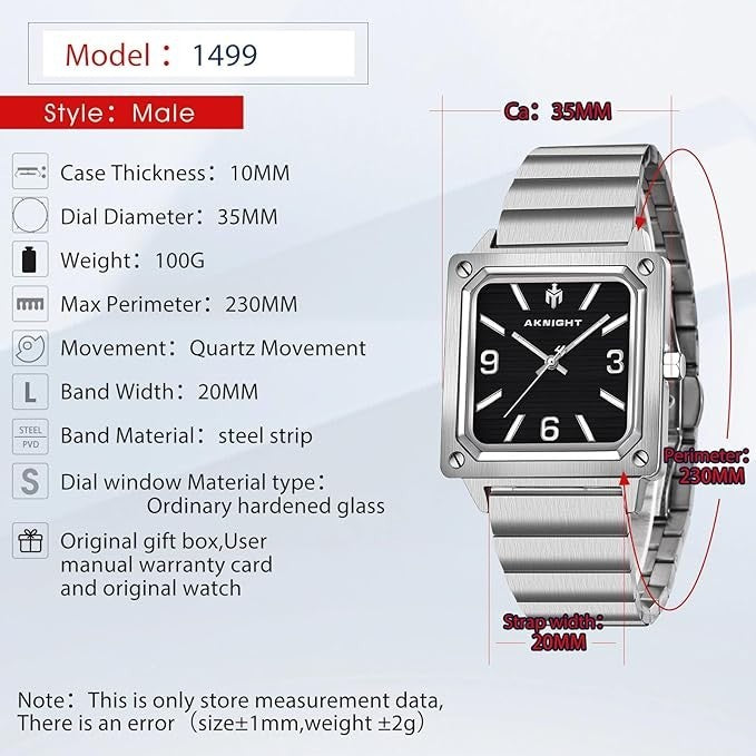 AKNIGHT Men's Square Watches Chronograph Elegant Business Watch Silver & Black