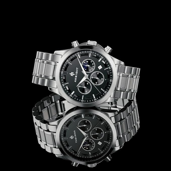 AKNIGHT Men's Watches 45mm Big Face, Waterproof Chronograph Silver & Black