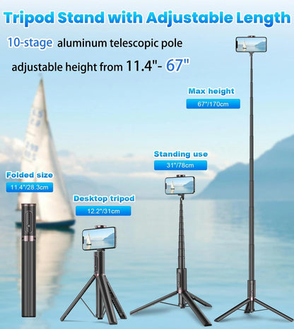 TONEOF 67" Cell Phone Selfie Stick Tripod Smartphone Stand All-in-1