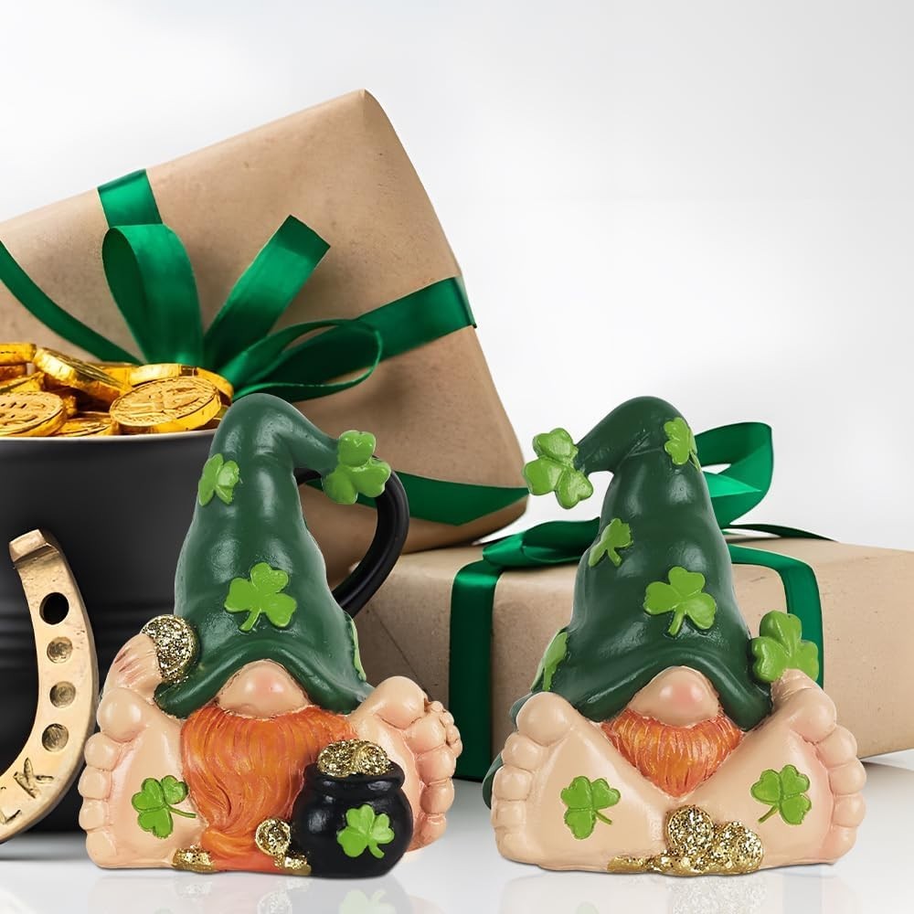 St Patrick’s Day Tabletop Decor Set – 2 Resin Gnome Leprechaun Figurines