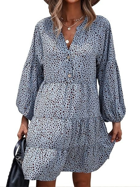 Yoyoveta Women's Blue Leopard Print Long Sleeve V-Neck Ruffled Dress Large