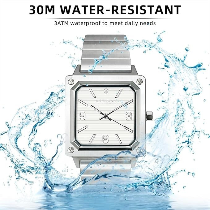 AKNIGHT Men's Square Watches Chronograph Elegant Business Watch Silver & White