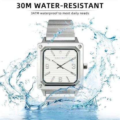 AKNIGHT Men's Square Watches Chronograph Elegant Business Watch Silver & White