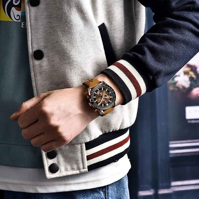 AKNIGHT Leather Watch for Men  Analog Chronograph Waterproof Copper & Brown