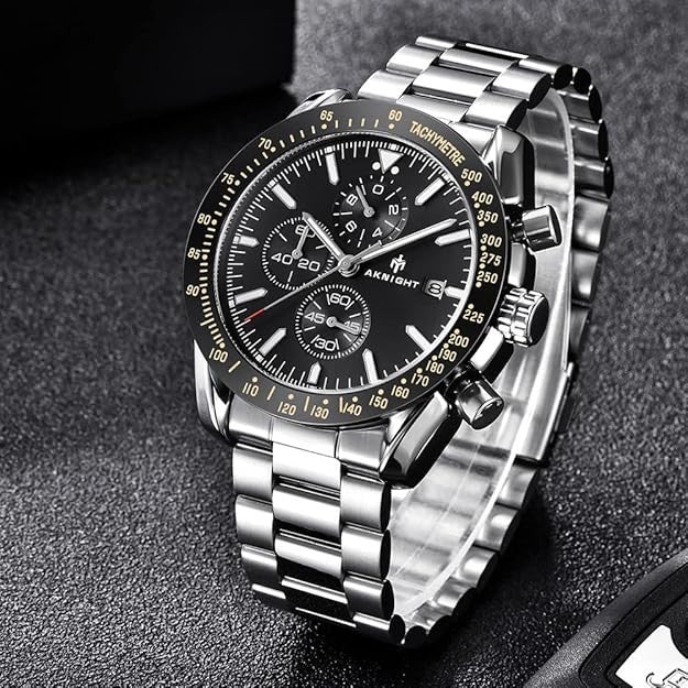 AKNIGHT Men's Watches 45mm Big Face, Waterproof Chronograph Silver & Black