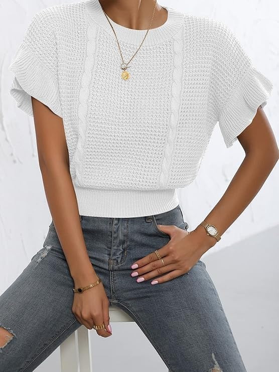 Women's Ruffled Short Sleeve Round Neck Knitted Top Pullovers Sweater - Large