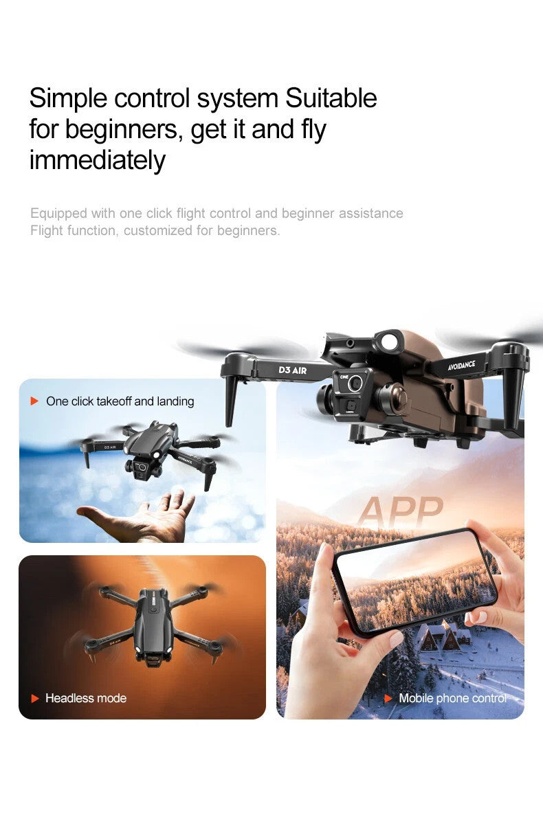 D3 RC Drone WIFI FPV 4K HD 3 Cameras Obstacle Avoidance Optical Flow Quadcopter