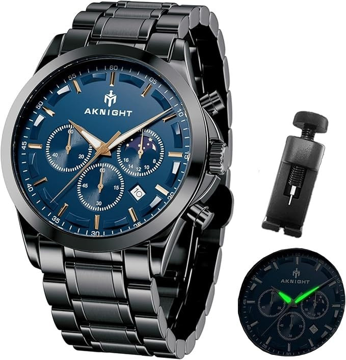 AKNIGHT Men's Watches 45mm Big Face, Waterproof Chronograph Black & Blue