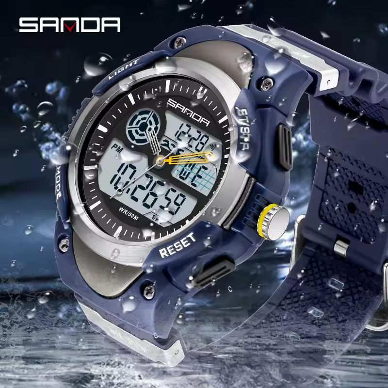 SANDA Men's Electronic Watch 3117 Dual Display Waterproof Quartz Wristwatch Blue
