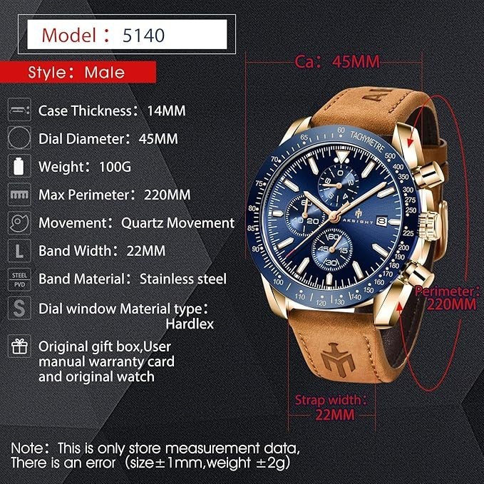 AKNIGHT Leather Watch for Men  Analog Chronograph Waterproof Copper & Blue