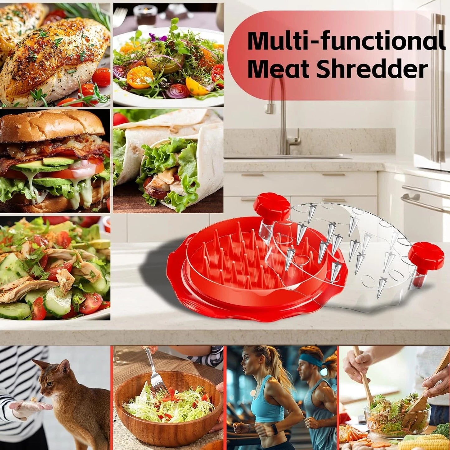 New Chicken Shredder Tool Twist Large with Brush,Visible Kitchen Meat Red