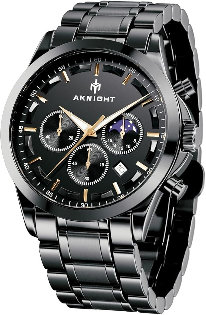 AKNIGHT Men's Watches 45mm Big Face, Waterproof Chronograph Black & Gold
