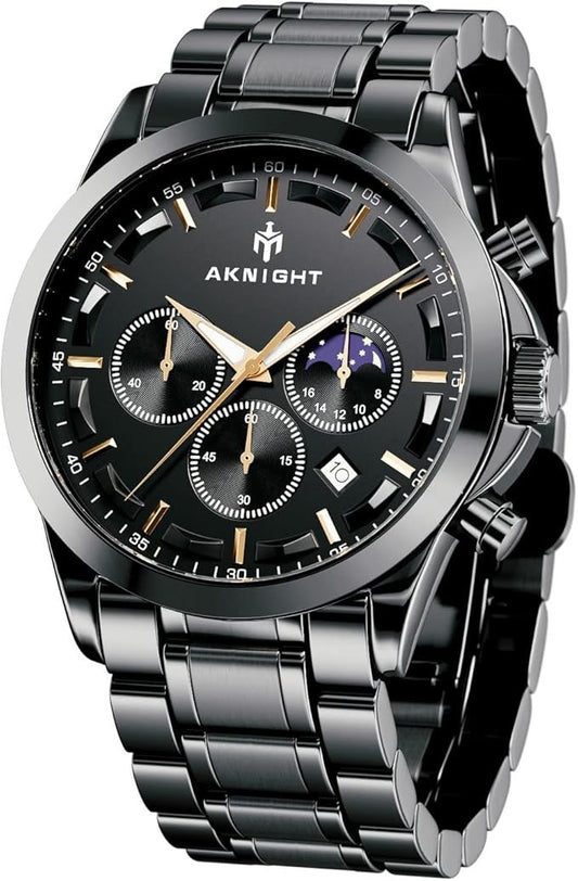 AKNIGHT Men's Watches 45mm Big Face, Waterproof Chronograph Black & Gold
