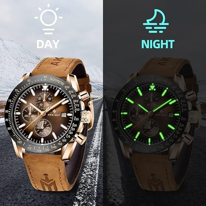 AKNIGHT Leather Watch for Men  Analog Chronograph Waterproof Copper & Brown