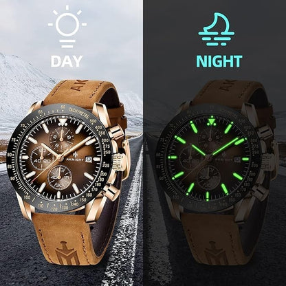 AKNIGHT Leather Watch for Men  Analog Chronograph Waterproof Copper & Brown