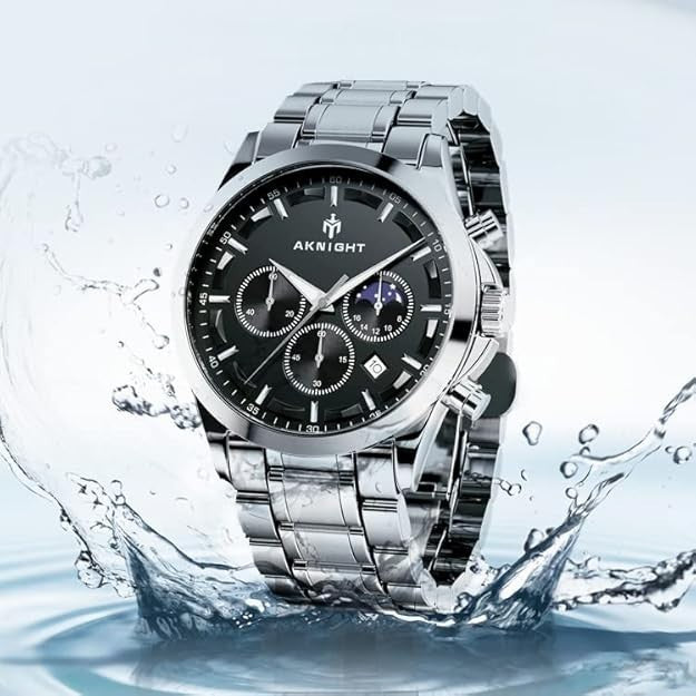 AKNIGHT Men's Watches 45mm Big Face, Waterproof Chronograph Silver & Black