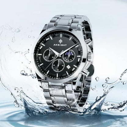 AKNIGHT Men's Watches 45mm Big Face, Waterproof Chronograph Silver & Black