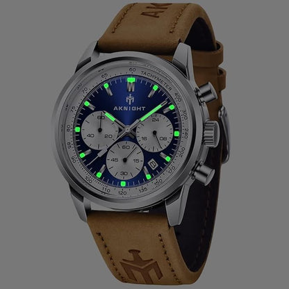 AKNIGHT Leather Watch for Men  Analog Chronograph Waterproof Silver & Blue