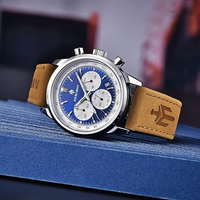 AKNIGHT Leather Watch for Men  Analog Chronograph Waterproof Silver & Blue