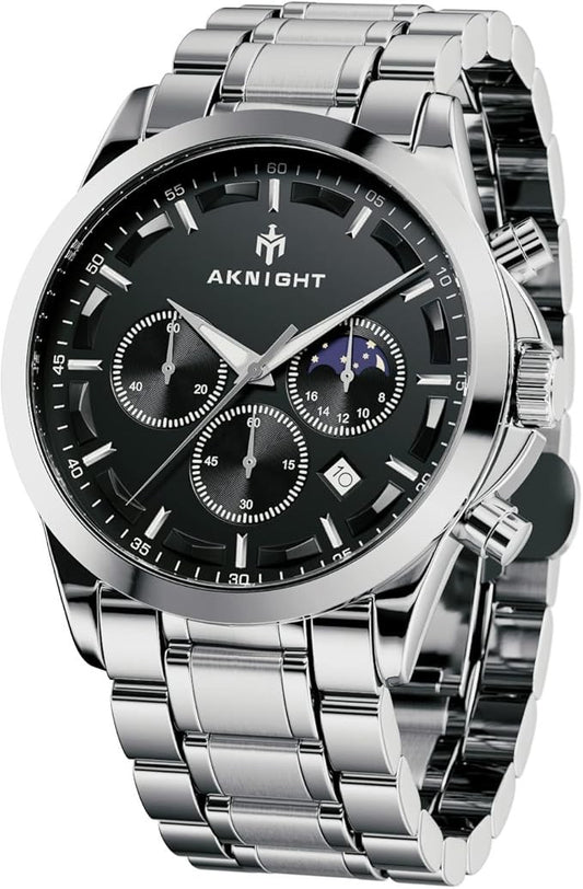 AKNIGHT Men's Watches 45mm Big Face, Waterproof Chronograph Silver & Black