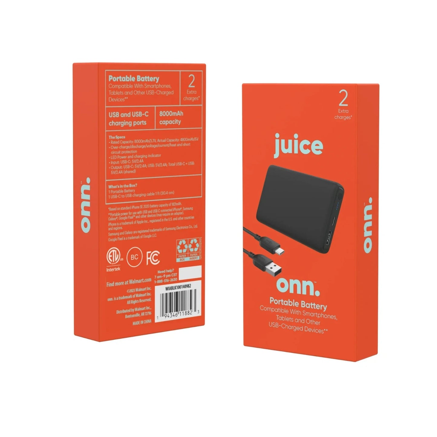 Juice Onn 8,000mAh Portable Battery Charger USB-A & USB-C Black