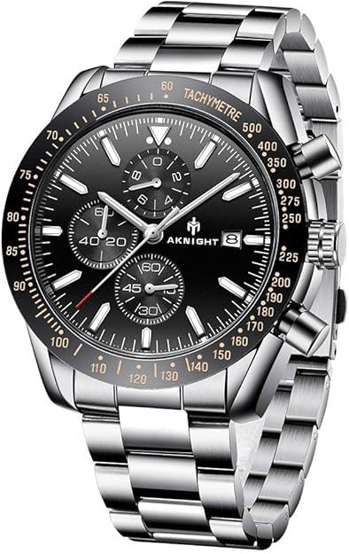 AKNIGHT Men's Watches 45mm Big Face, Waterproof Chronograph Silver & Black