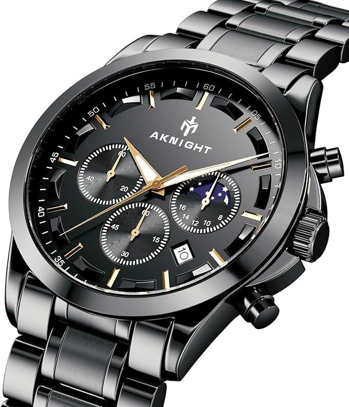 AKNIGHT Men's Watches 45mm Big Face, Waterproof Chronograph Black & Gold
