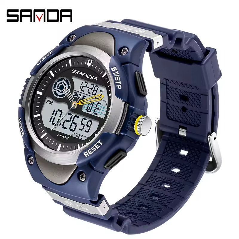 SANDA Men's Electronic Watch 3117 Dual Display Waterproof Quartz Wristwatch Blue