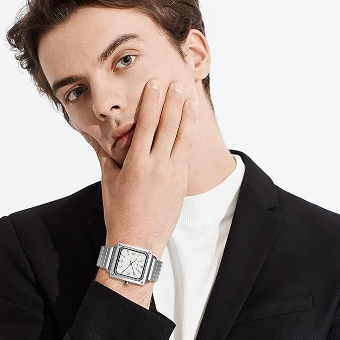 AKNIGHT Men's Square Watches Chronograph Elegant Business Watch Silver & White