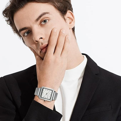 AKNIGHT Men's Square Watches Chronograph Elegant Business Watch Silver & White