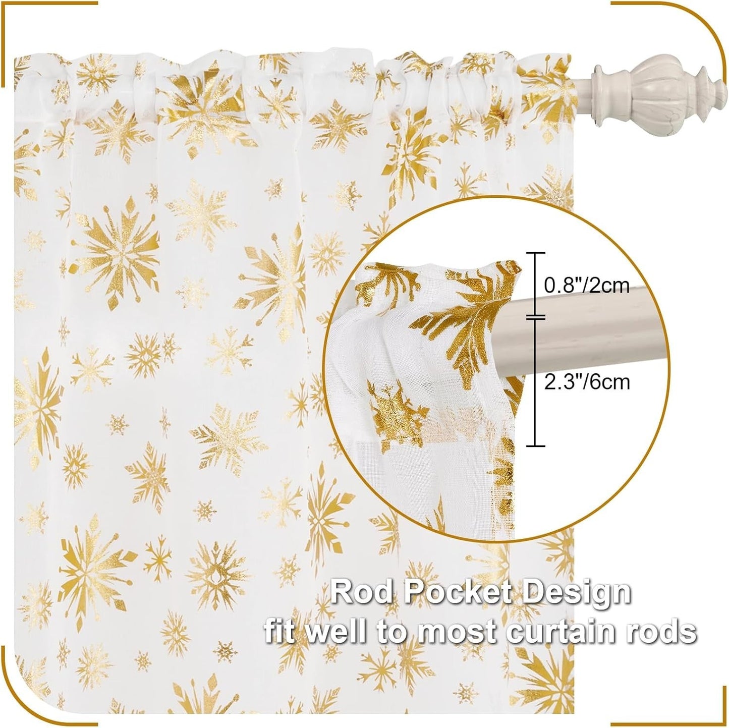 FRAMICS Christmas Sheer Curtains Decoration, Gold Snowflake Foil Print Curtains