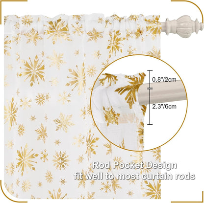 FRAMICS Christmas Sheer Curtains Decoration, Gold Snowflake Foil Print Curtains