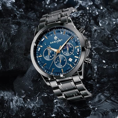 AKNIGHT Men's Watches 45mm Big Face, Waterproof Chronograph Black & Blue
