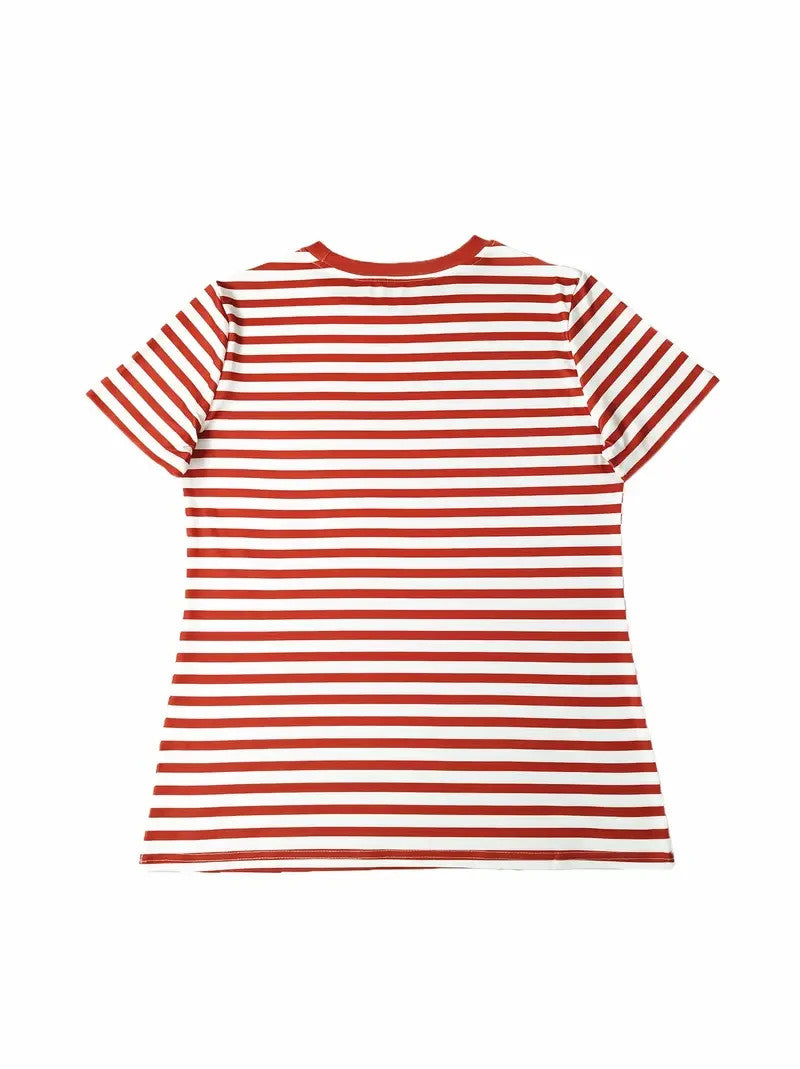 Small Women Striped Short Sleeve T-Shirts Crew Neck Loose Fit Shirt Summer Tee