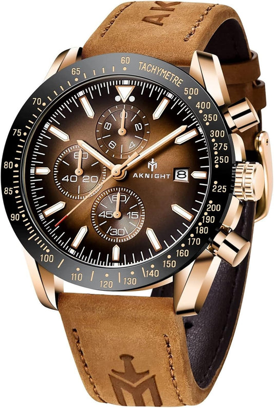 AKNIGHT Leather Watch for Men  Analog Chronograph Waterproof Copper & Brown