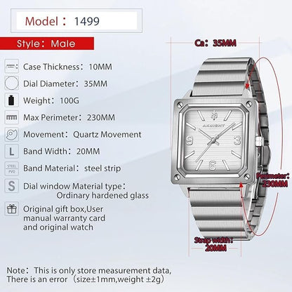 AKNIGHT Men's Square Watches Chronograph Elegant Business Watch Silver & White