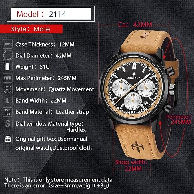 AKNIGHT Watch for Men Chronograph Analog Quartz Wristwatches Black & Brown