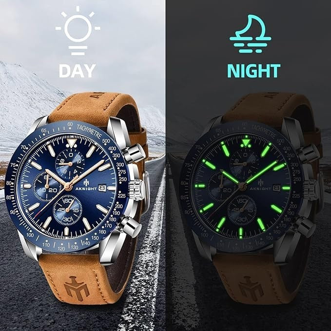 AKNIGHT Leather Watch for Men  Analog Chronograph Waterproof Silver & Blue