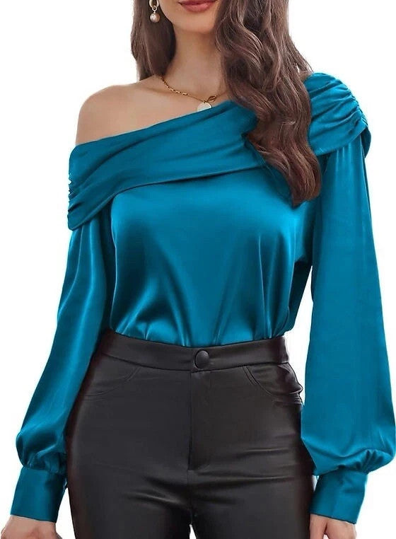 Grace Karin Satin Off-The-Shoulder Blouse Women L Blue