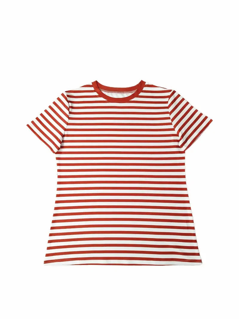 Small Women Striped Short Sleeve T-Shirts Crew Neck Loose Fit Shirt Summer Tee