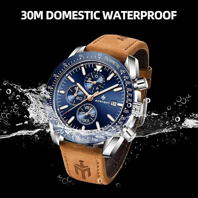 AKNIGHT Leather Watch for Men  Analog Chronograph Waterproof Silver & Blue