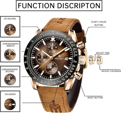 AKNIGHT Leather Watch for Men  Analog Chronograph Waterproof Copper & Brown