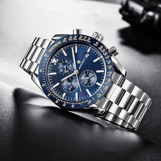 AKNIGHT Men's Watches 45mm Big Face, Waterproof Chronograph Silver & Blue