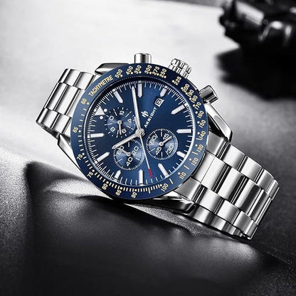AKNIGHT Men's Watches 45mm Big Face, Waterproof Chronograph Silver & Blue